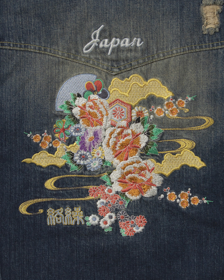 Japanese Repro Denim Trucker Jacket, L, Karakuri, Type 3, Floral and Clouds