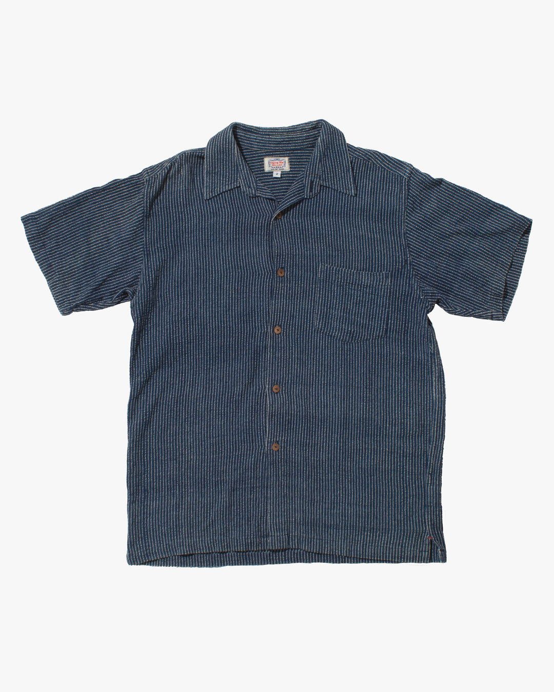 Japanese Repro Short Sleeve Button Up Shirt, L, Gaijin Made, Embroidered Striped Navy