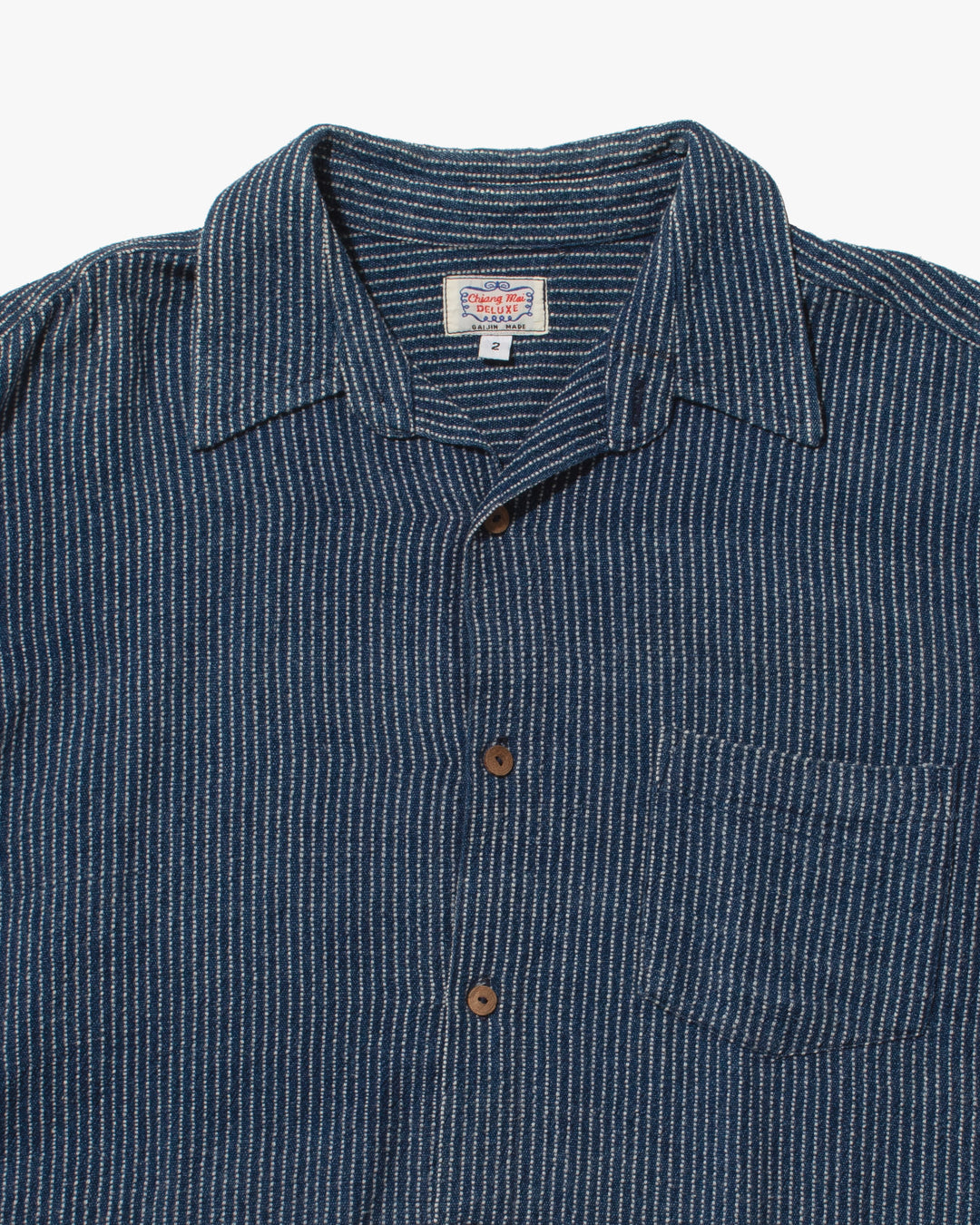 Japanese Repro Short Sleeve Button Up Shirt, L, Gaijin Made, Embroidered Striped Navy