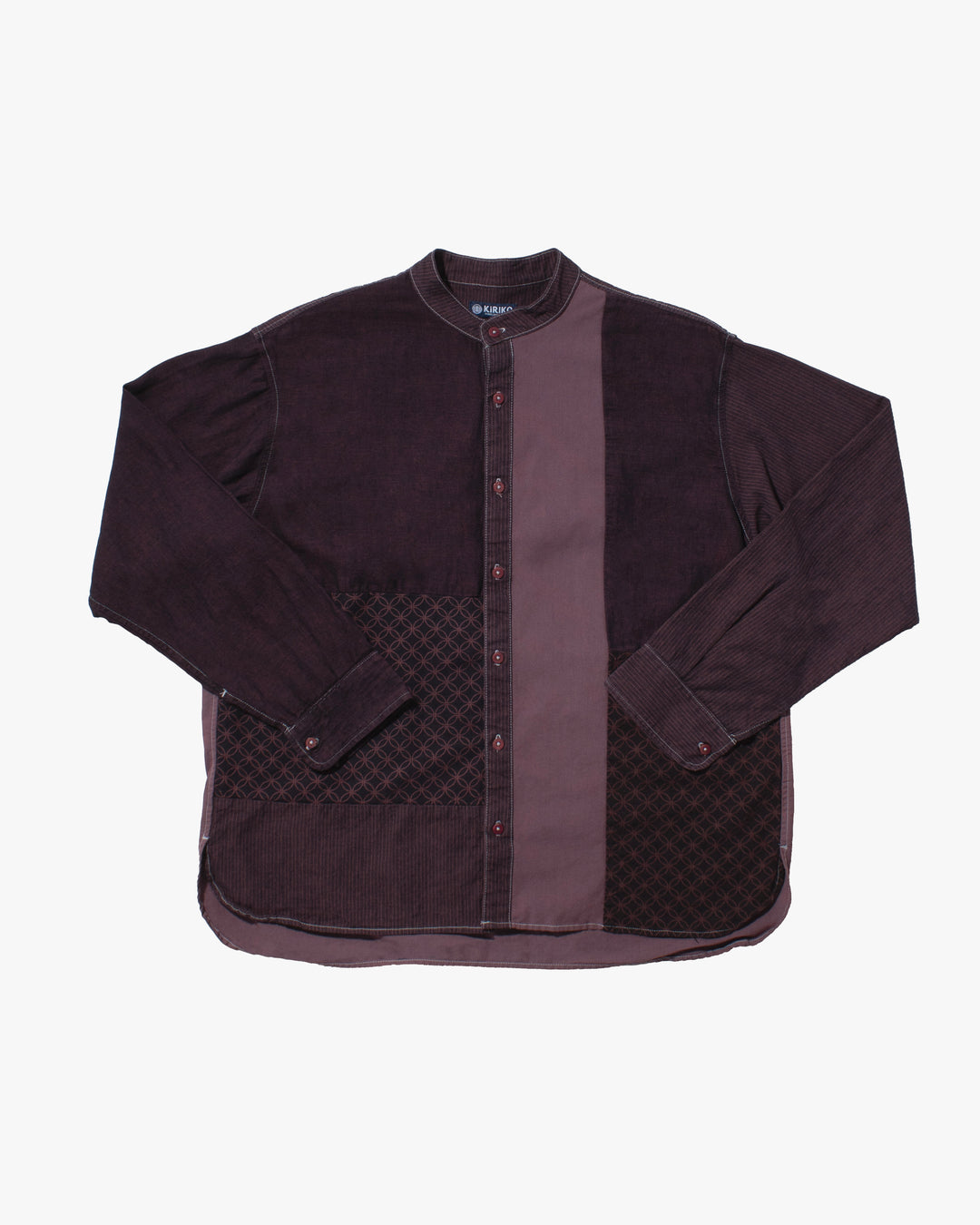 Kiriko Original Shirt, Long Sleeve Button-Up, Mandarin Collar, Purple Chambray with Indigo Patchwork Style, One Wash
