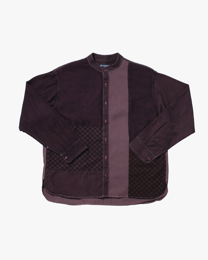 Kiriko Original Shirt, Long Sleeve Button-Up, Mandarin Collar, Purple Chambray with Indigo Patchwork Style, One Wash