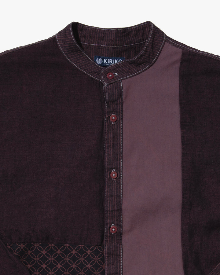 Kiriko Original Shirt, Long Sleeve Button-Up, Mandarin Collar, Purple Chambray with Indigo Patchwork Style, One Wash
