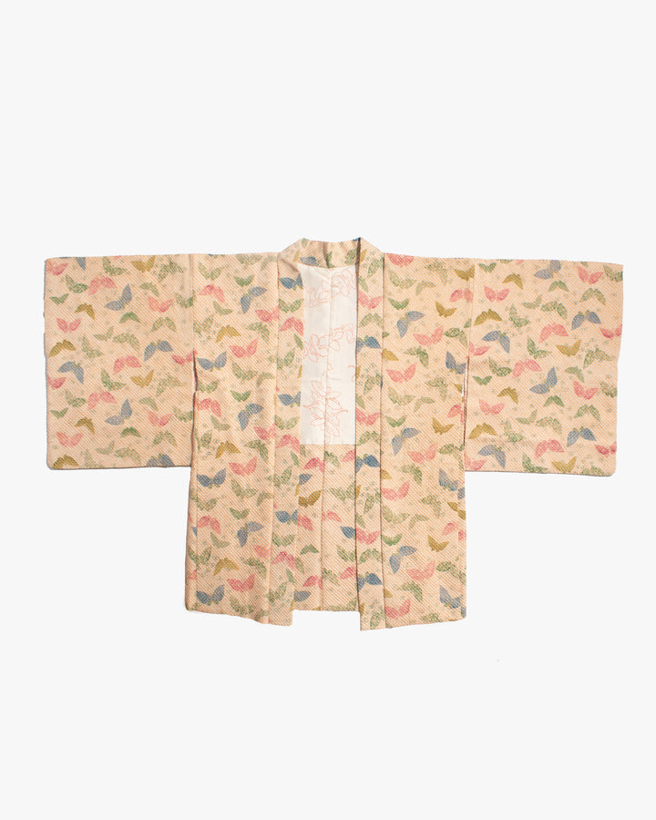 Vintage Haori Jacket, Full Shibori, Beige with Colorful Butterflies