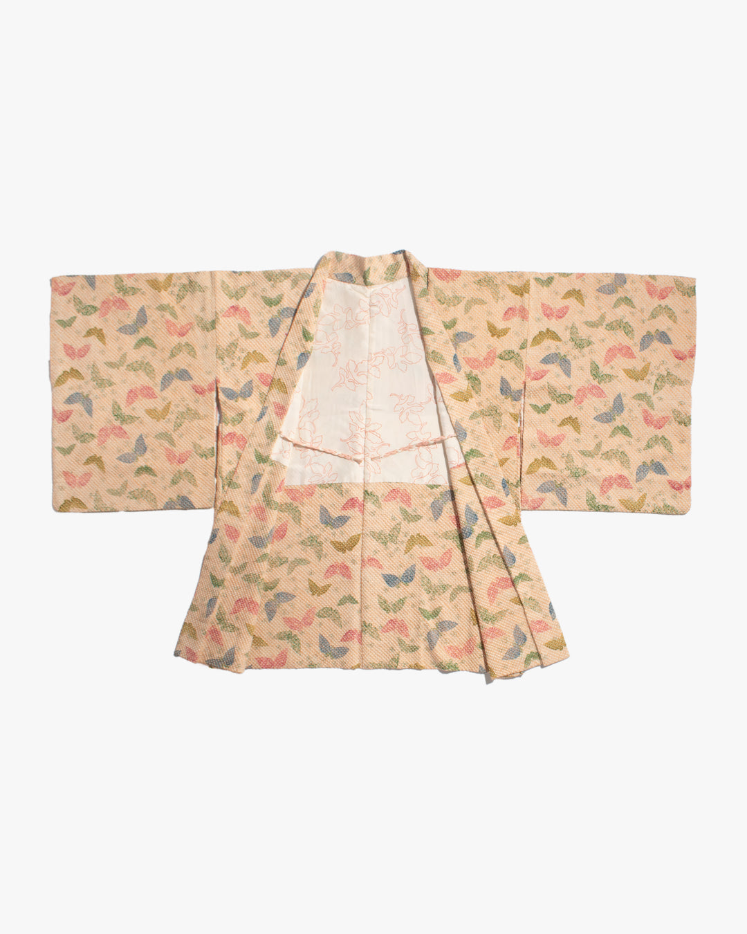 Vintage Haori Jacket, Full Shibori, Beige with Colorful Butterflies