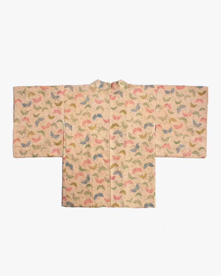 Vintage Haori Jacket, Full Shibori, Beige with Colorful Butterflies