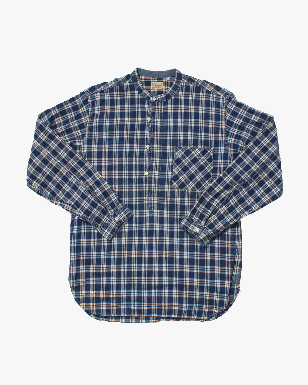 Japanese Repro Long Sleeve Shirt, Sugar Cane, Blue Plaid Mandarin Collar - L