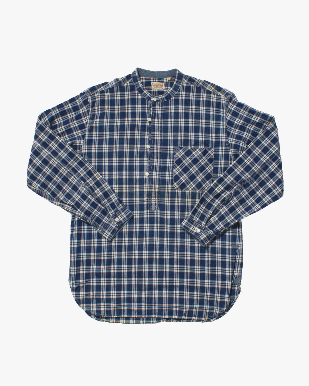 Japanese Repro Long Sleeve Shirt, Sugar Cane, Blue Plaid Mandarin Collar - L