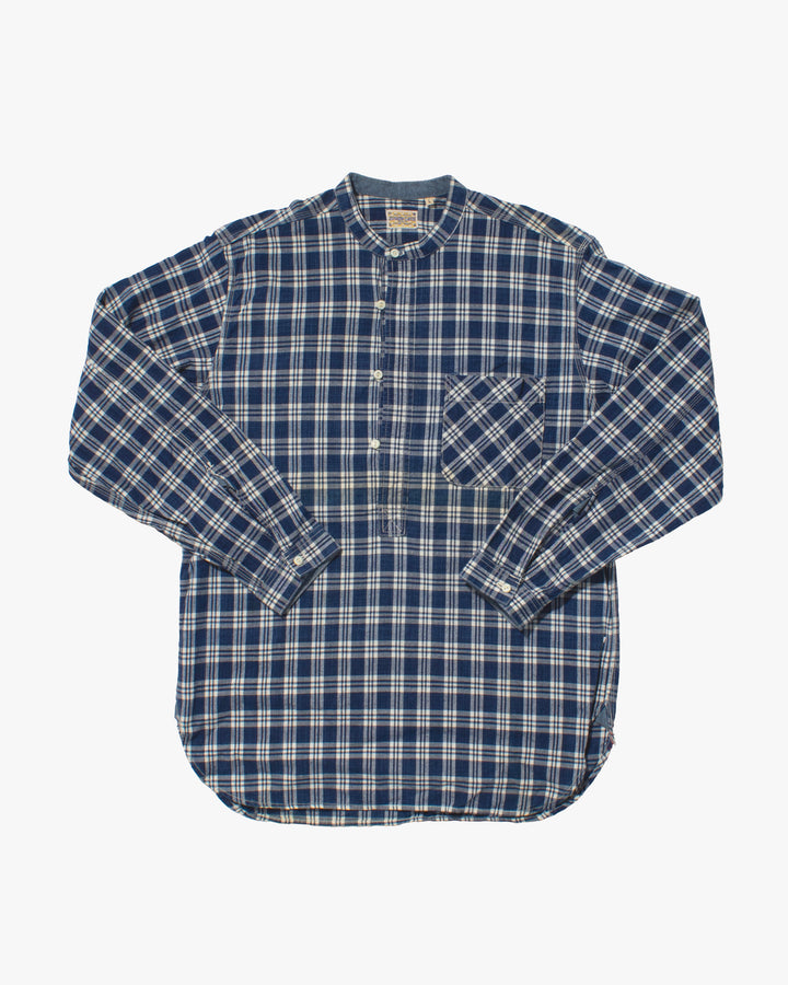 Japanese Repro Long Sleeve Shirt, Sugar Cane, Blue Plaid Mandarin Collar - L