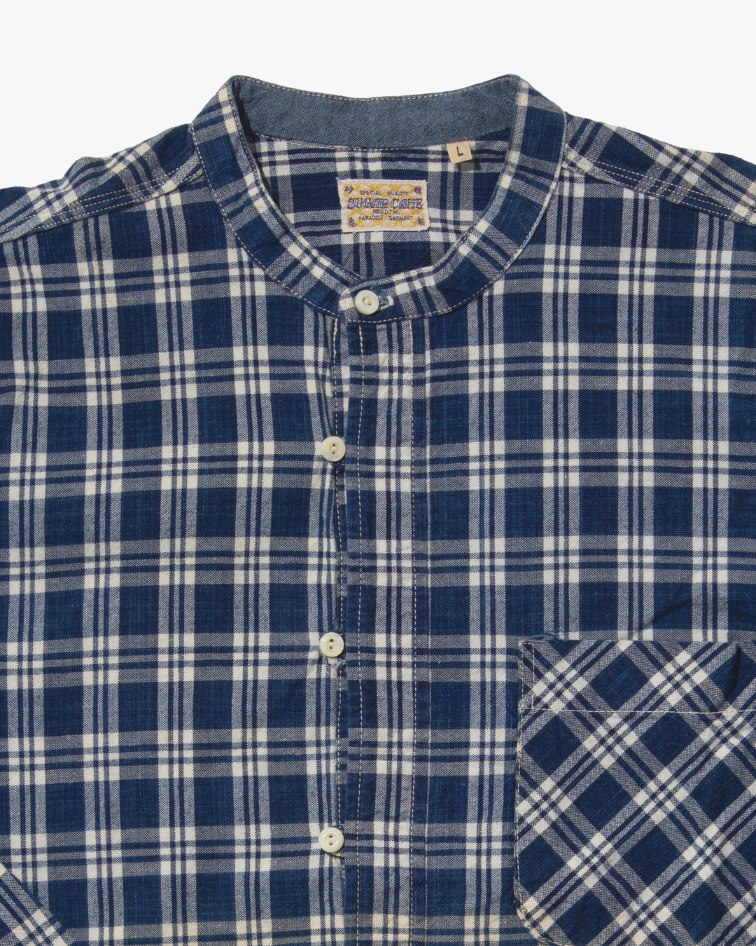 Japanese Repro Long Sleeve Shirt, Sugar Cane, Blue Plaid Mandarin Collar - L