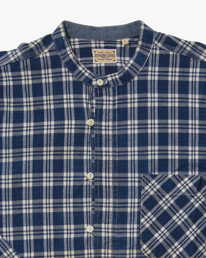 Japanese Repro Long Sleeve Shirt, Sugar Cane, Blue Plaid Mandarin Collar - L
