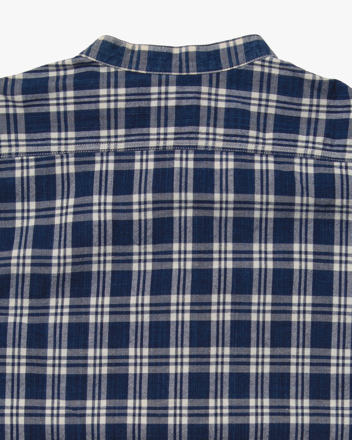 Japanese Repro Long Sleeve Shirt, Sugar Cane, Blue Plaid Mandarin Collar - L
