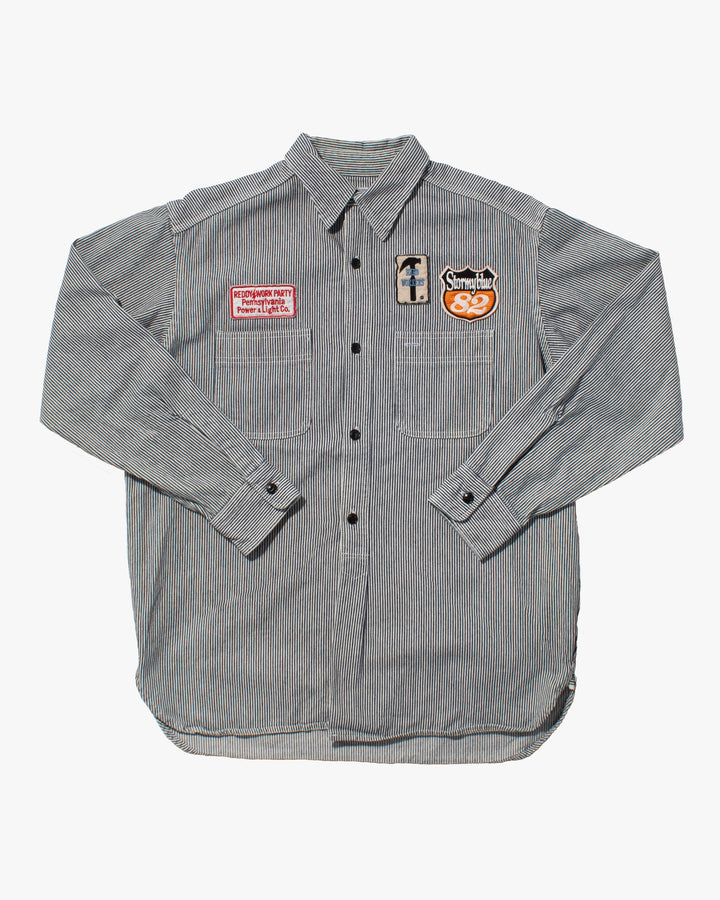 Japanese Repro Longsleeve Shirt, Pherrow's, Navy Stripe with Patches - M
