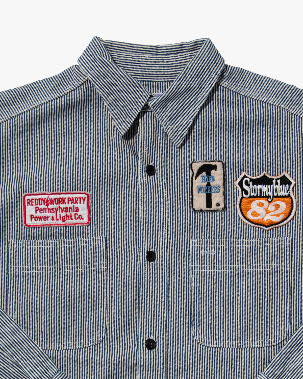Japanese Repro Longsleeve Shirt, Pherrow's, Navy Stripe with Patches - M