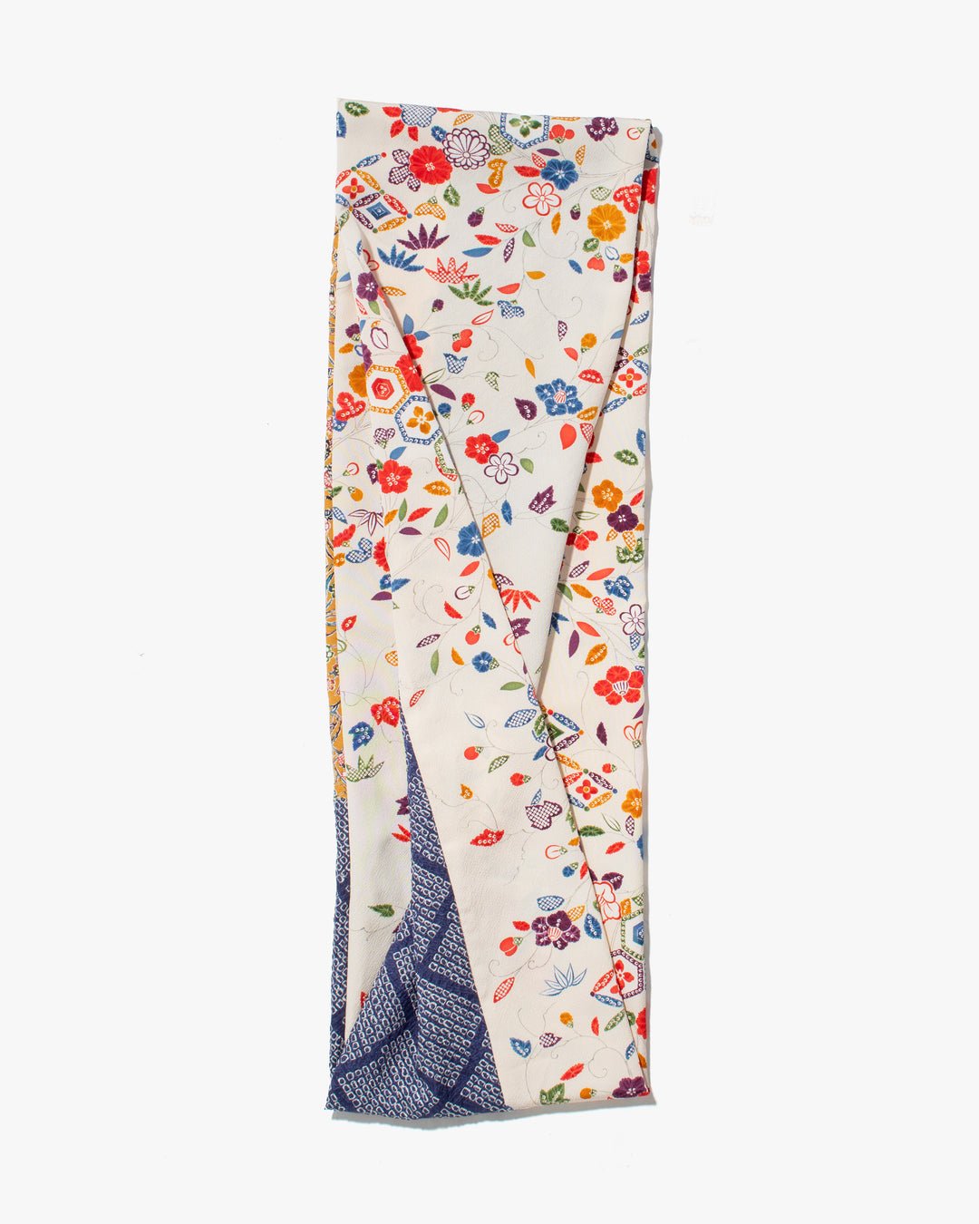 Kiriko Original Scarf, Infinity, Kimono, White Abstract Floral with Yellow Accents and Blue Shibori Diamonds
