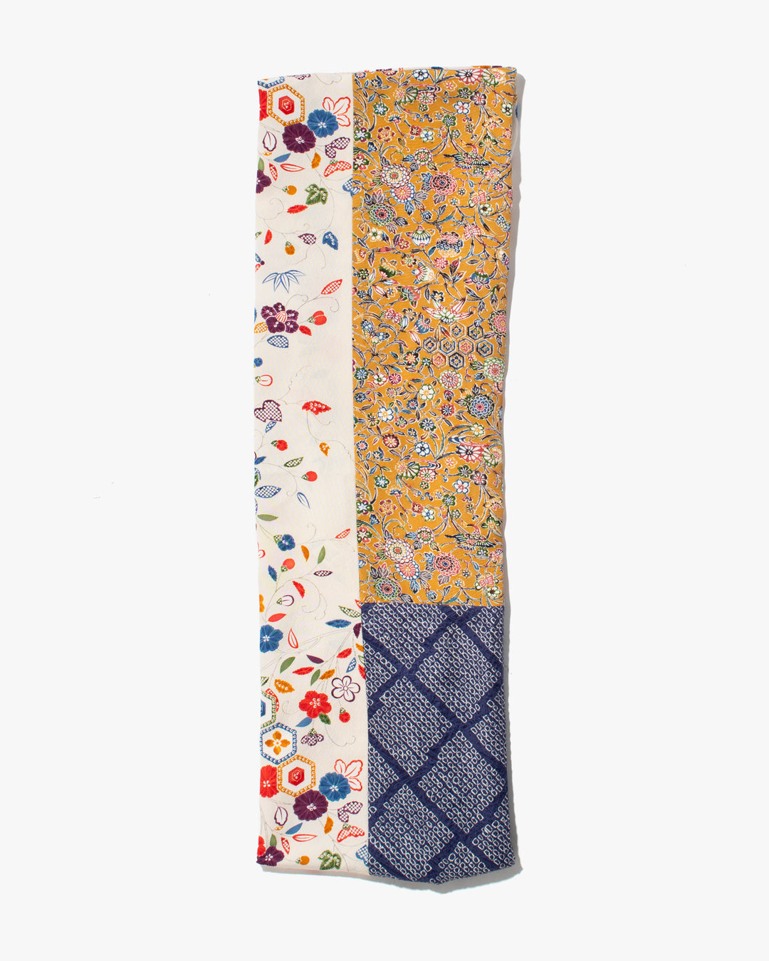 Kiriko Original Scarf, Infinity, Kimono, White Abstract Floral with Yellow Accents and Blue Shibori Diamonds