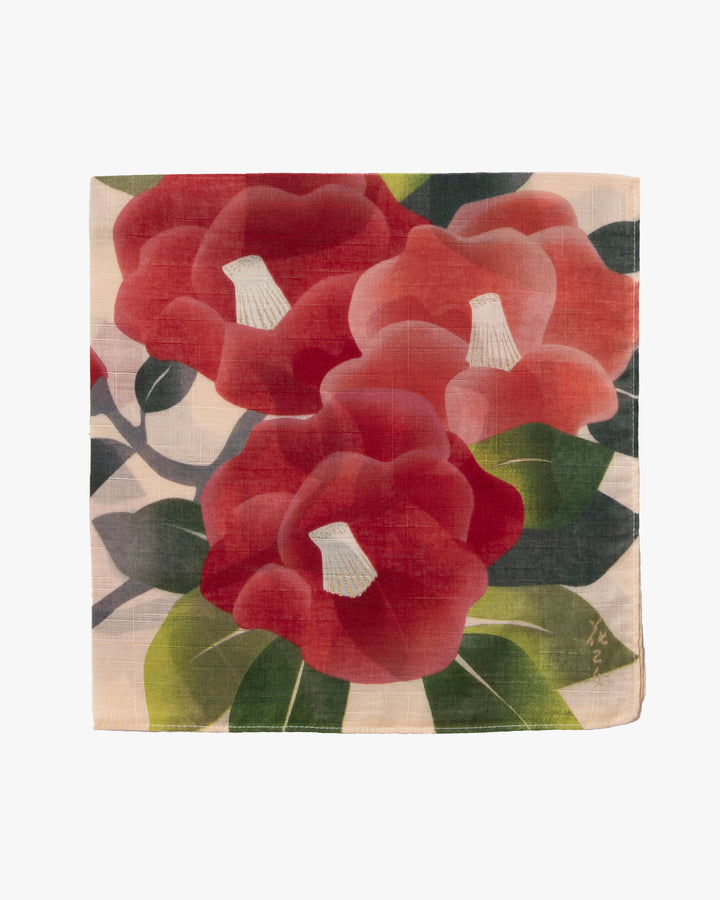 Kurochiku, Printed Cotton Handkerchief, Cream with Red Tsubaki