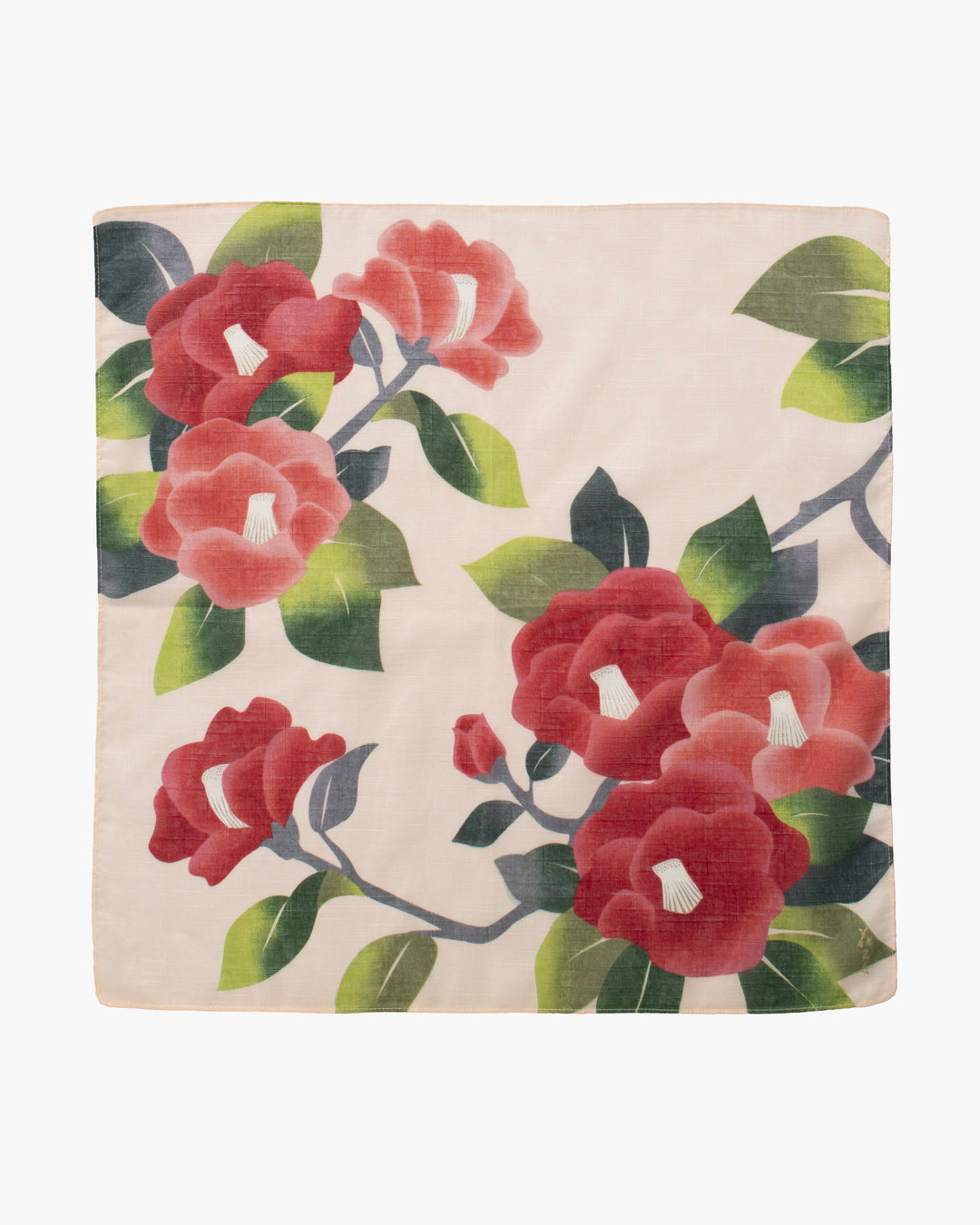 Kurochiku, Printed Cotton Handkerchief, Cream with Red Tsubaki