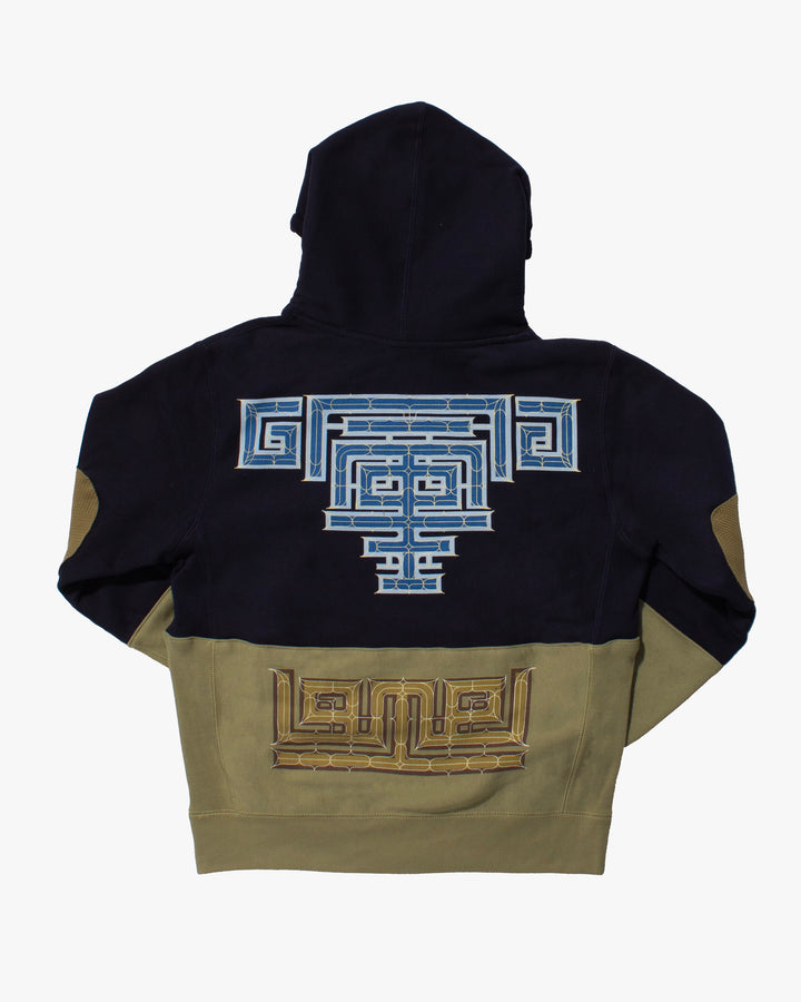 Kiriko Original Hoodie, Printed Ainu, Two-Tone, Navy with Olive