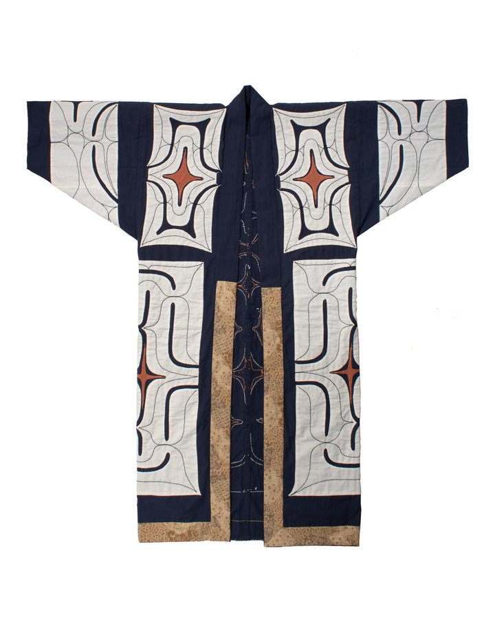 Vintage Ainu Robe, Navy with White and Salmon Accents