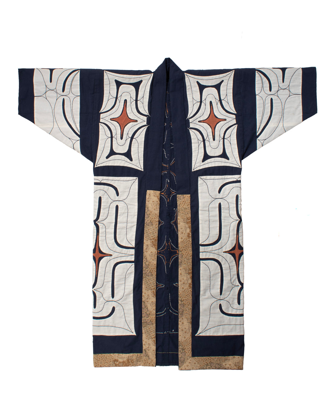 Vintage Ainu Robe, Navy with White and Salmon Accents