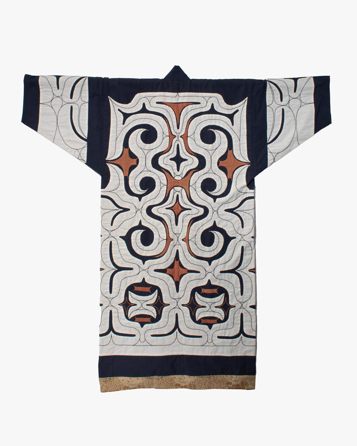Vintage Ainu Robe, Navy with White and Salmon Accents