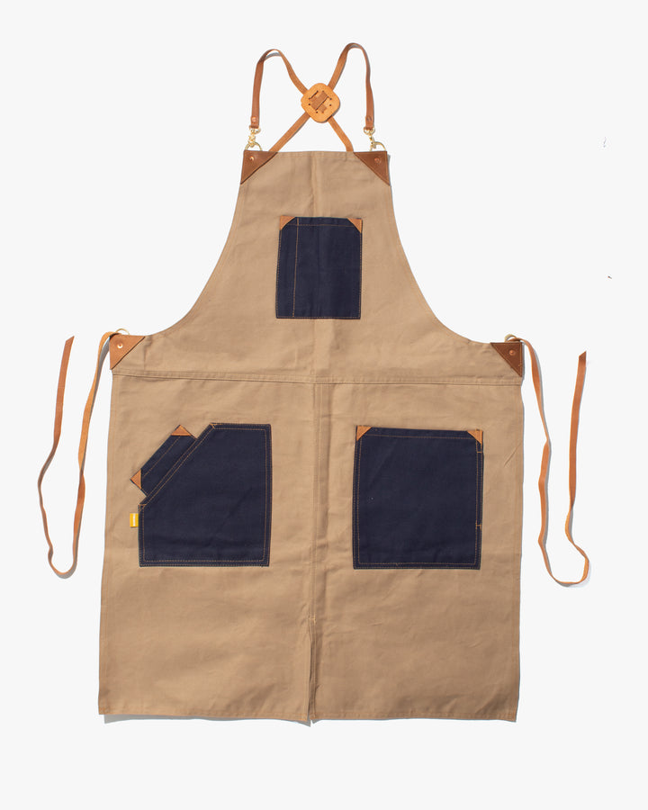 Kokoro Original Work Apron, Full, Canvas Two-Tone, Navy Pocket on Tan
