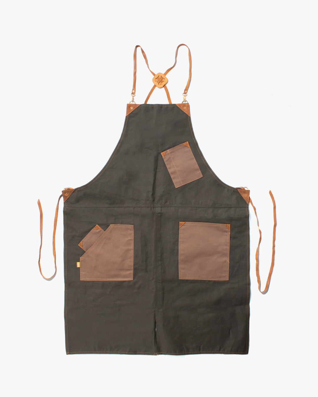 Kokoro Original Work Apron, Full, Canvas, Brown Pocket on Olive