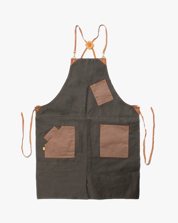 Kokoro Original Work Apron, Full, Canvas, Brown Pocket on Olive