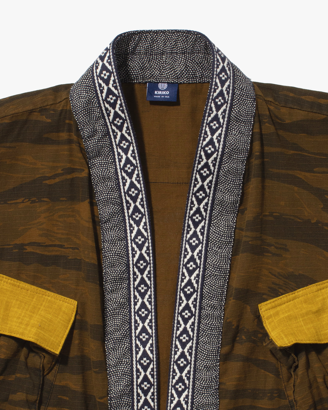 Kiriko Custom Military Jacket, Koi Dragon, Mustard Overdyed with Hishi Webbing Collar