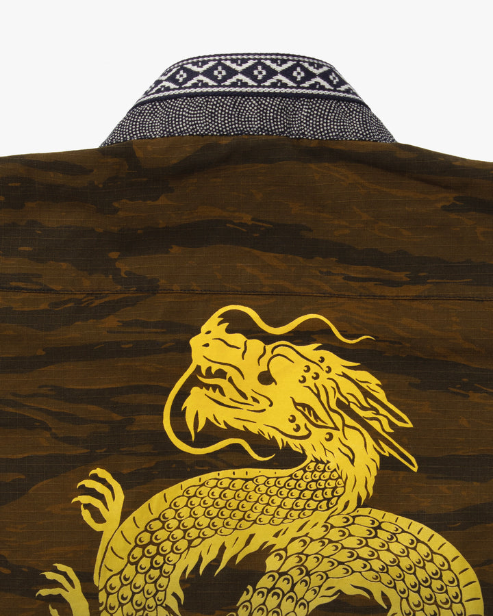Kiriko Custom Military Jacket, Koi Dragon, Mustard Overdyed with Hishi Webbing Collar