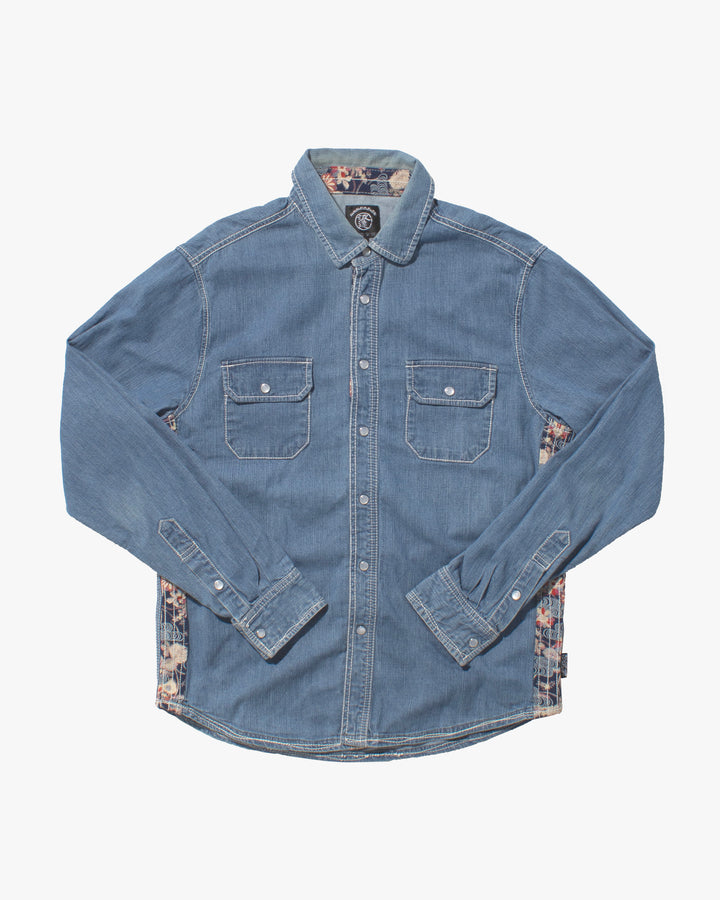 Japanese Repro Denim Shirt, Naminori Tatsujin, Floral Accents - L
