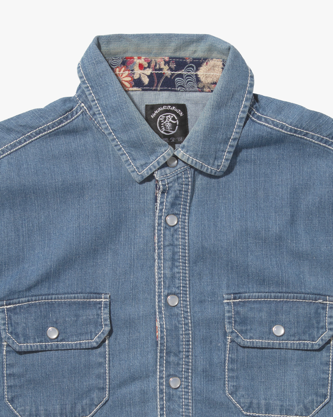 Japanese Repro Denim Shirt, Naminori Tatsujin, Floral Accents - L