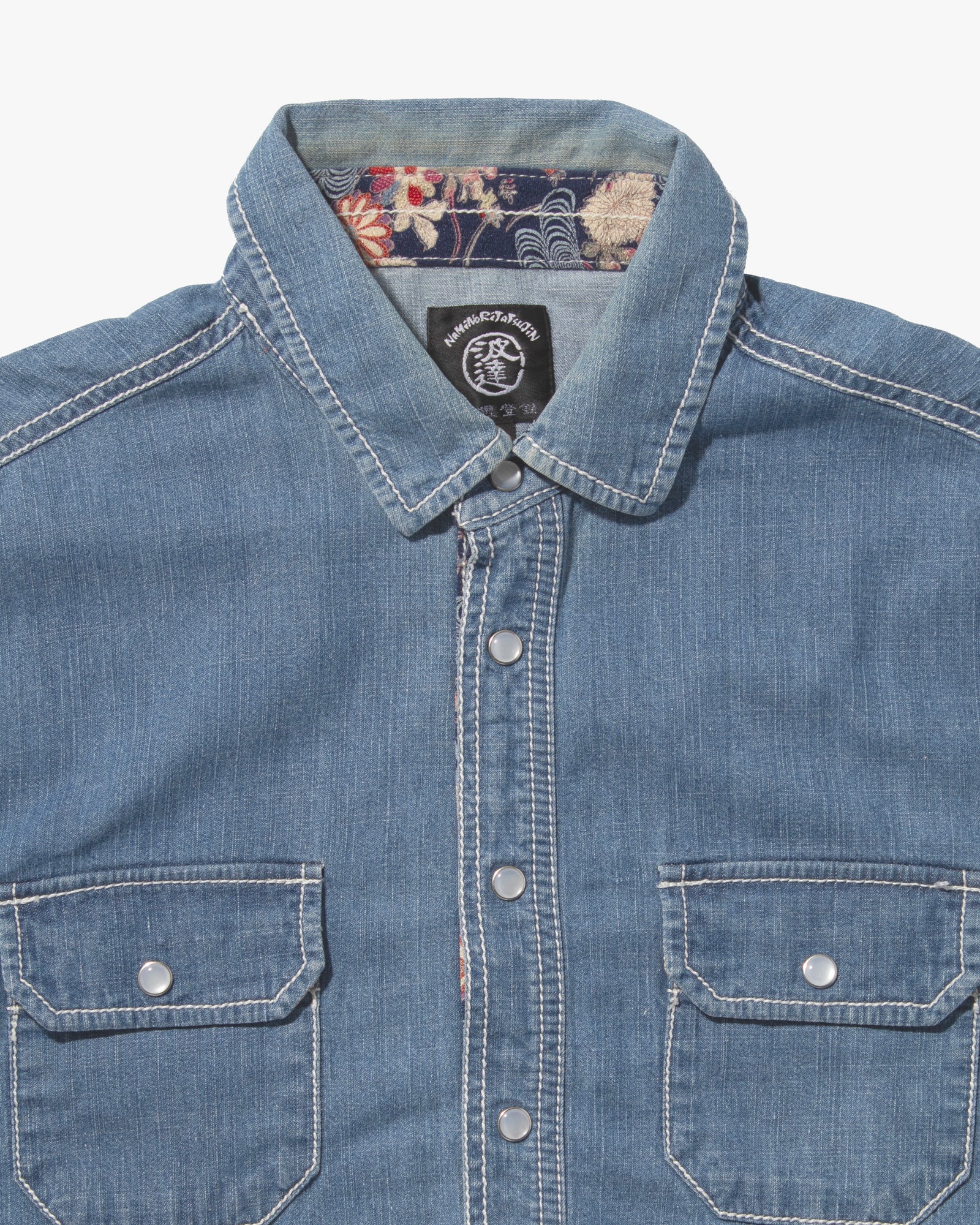 Japanese Repro Denim Shirt, Naminori Tatsujin, Floral Accents - L