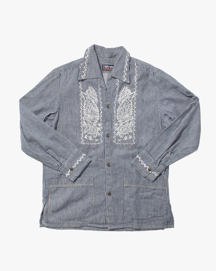 Japanese Repro Chore Coat, L, Seilin, Striped with Embroidered Paisley