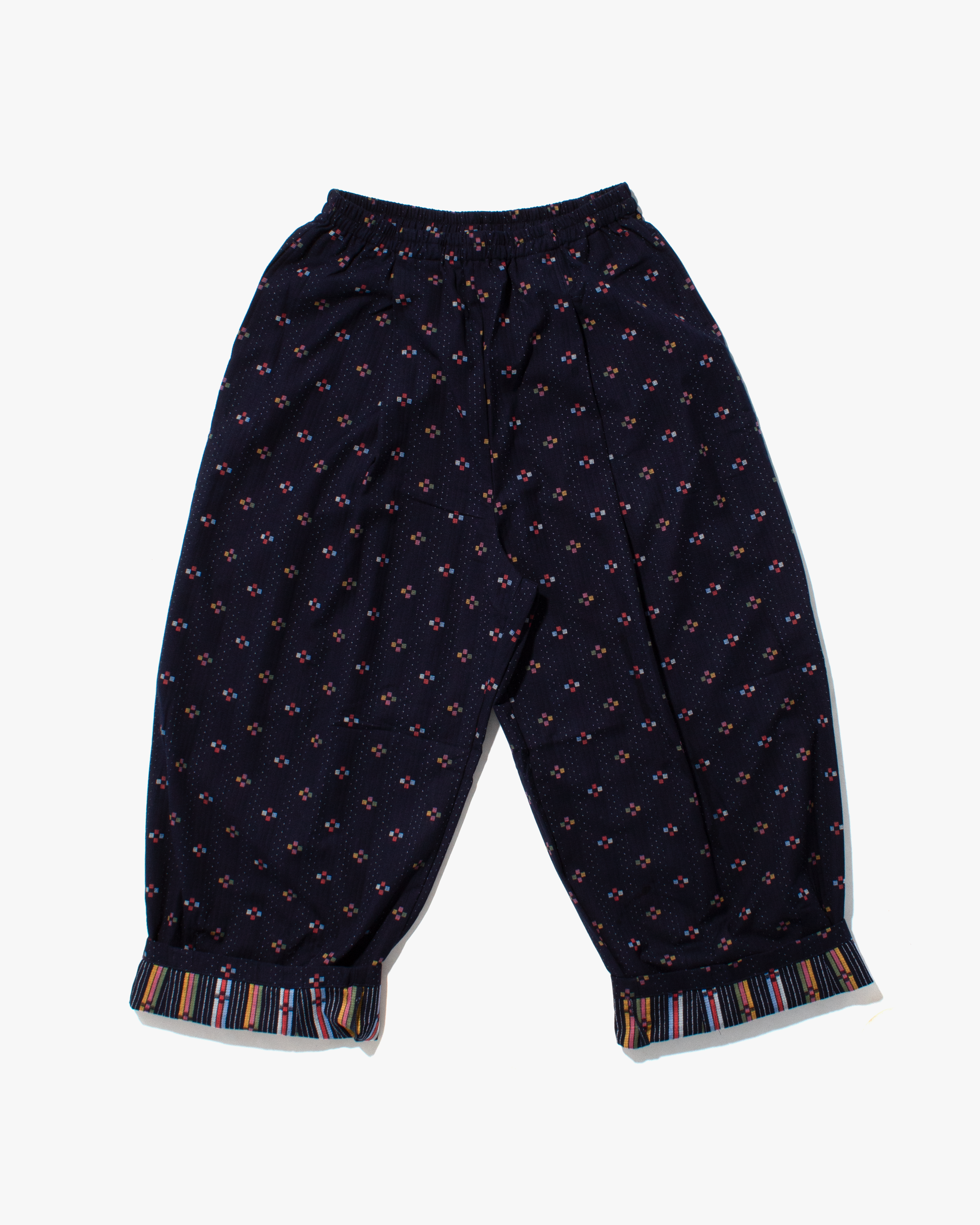 MARUKOマルコ　トントン Kiriko x ToK, Lantern Pants, Indigo with Multicolor Jyuji – Kiriko
