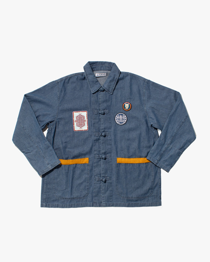 Kiriko Original Lightweight Mandarin Jacket, Light Indigo Denim with Patches and Red Shima