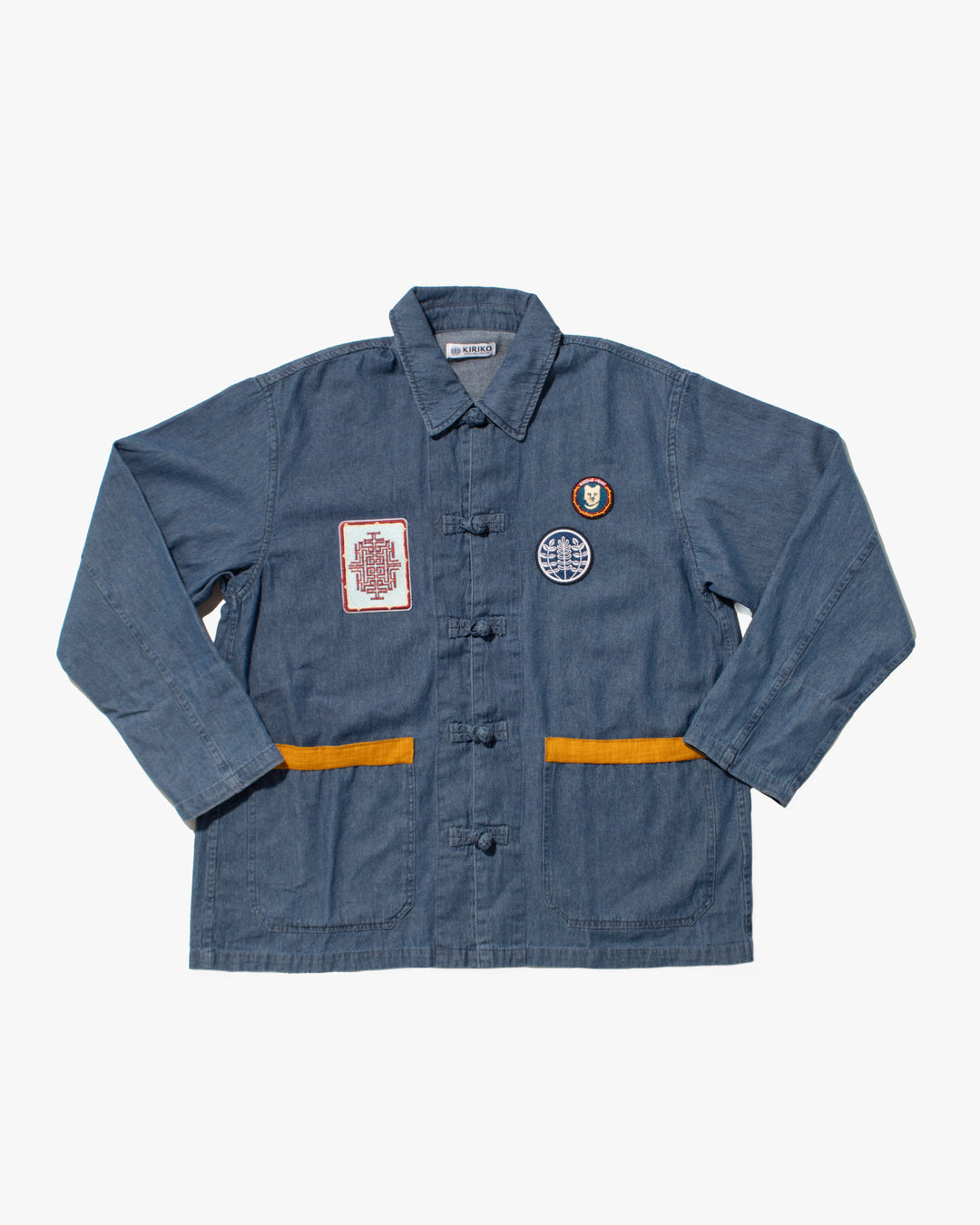 Kiriko Original Lightweight Mandarin Jacket, Light Indigo Denim with Patches and Red Shima