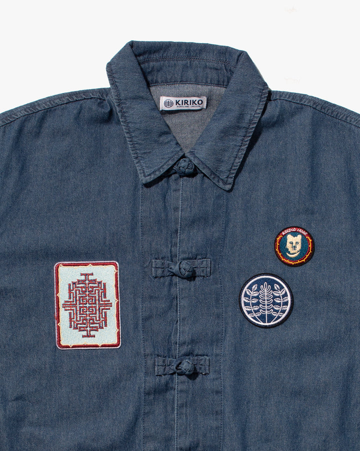 Kiriko Original Lightweight Mandarin Jacket, Light Indigo Denim with Patches and Red Shima
