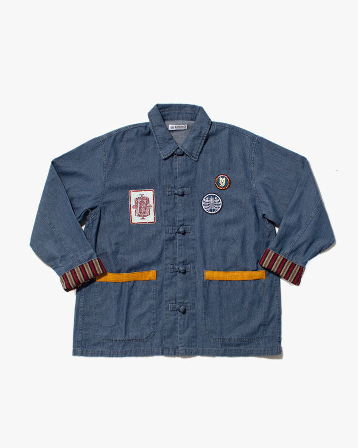 Kiriko Original Lightweight Mandarin Jacket, Light Indigo Denim with Patches and Red Shima