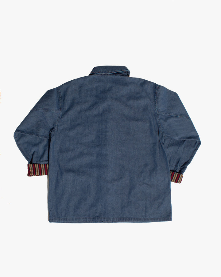 Kiriko Original Lightweight Mandarin Jacket, Light Indigo Denim with Patches and Red Shima