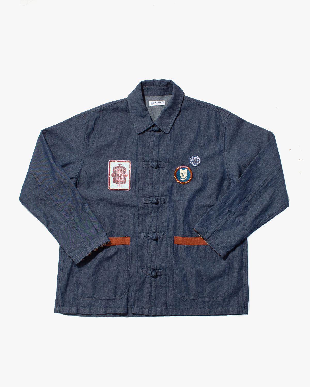 Kiriko Original Lightweight Mandarin Jacket, Dark Indigo Denim with Patches and Uroko