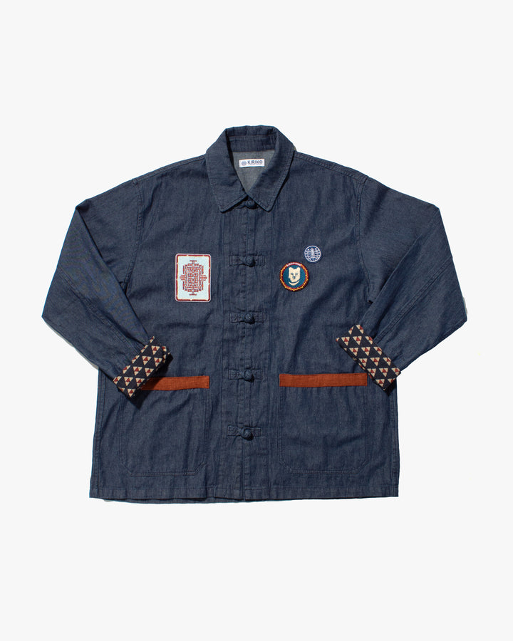 Kiriko Original Lightweight Mandarin Jacket, Dark Indigo Denim with Patches and Uroko