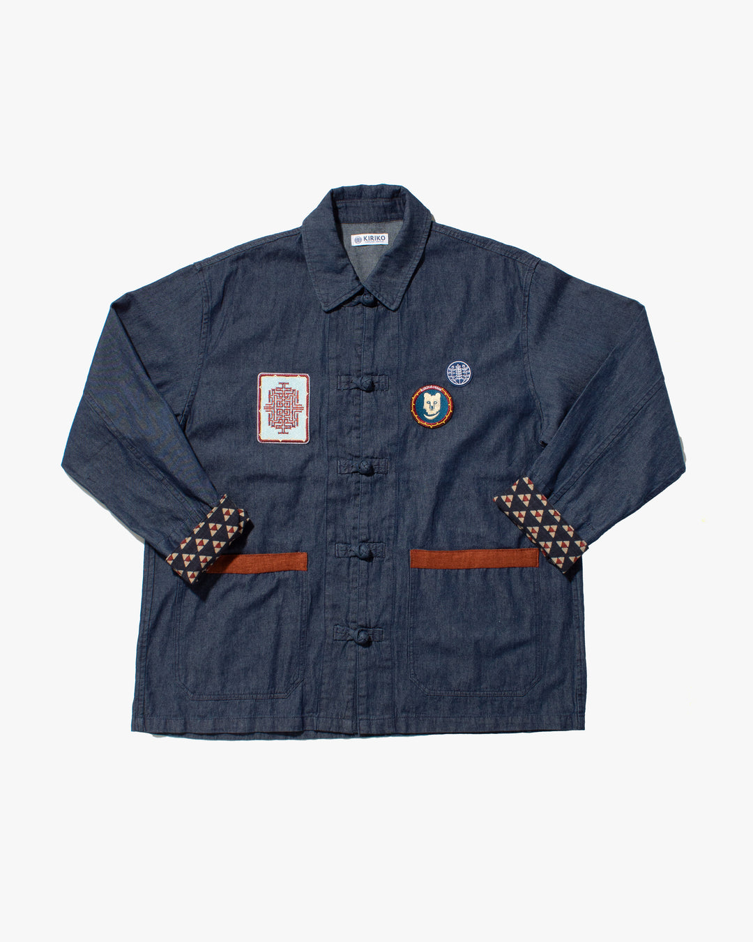 Kiriko Original Lightweight Mandarin Jacket, Dark Indigo Denim with Patches and Uroko