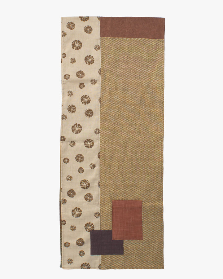 Kiriko Original Modern Patchwork Scarf, Azuki and Gold with Cream Kumo Shibori