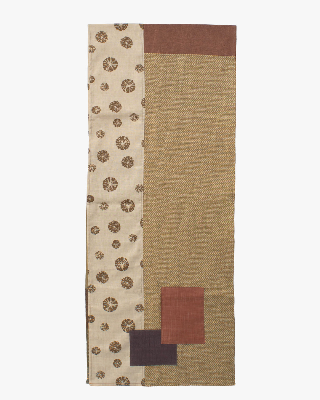 Kiriko Original Modern Patchwork Scarf, Azuki and Gold with Cream Kumo Shibori