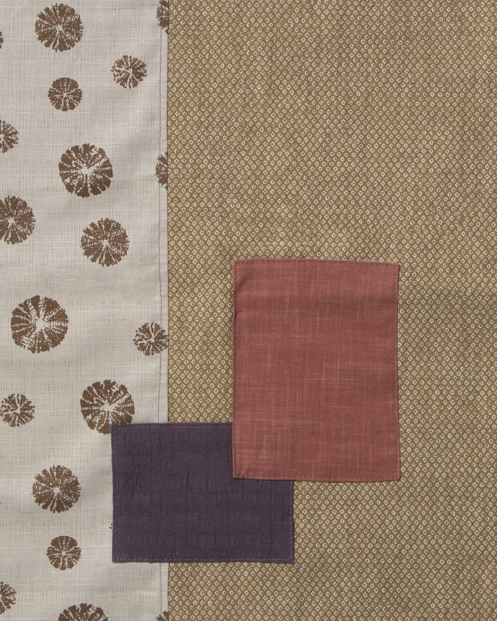 Kiriko Original Modern Patchwork Scarf, Azuki and Gold with Cream Kumo Shibori