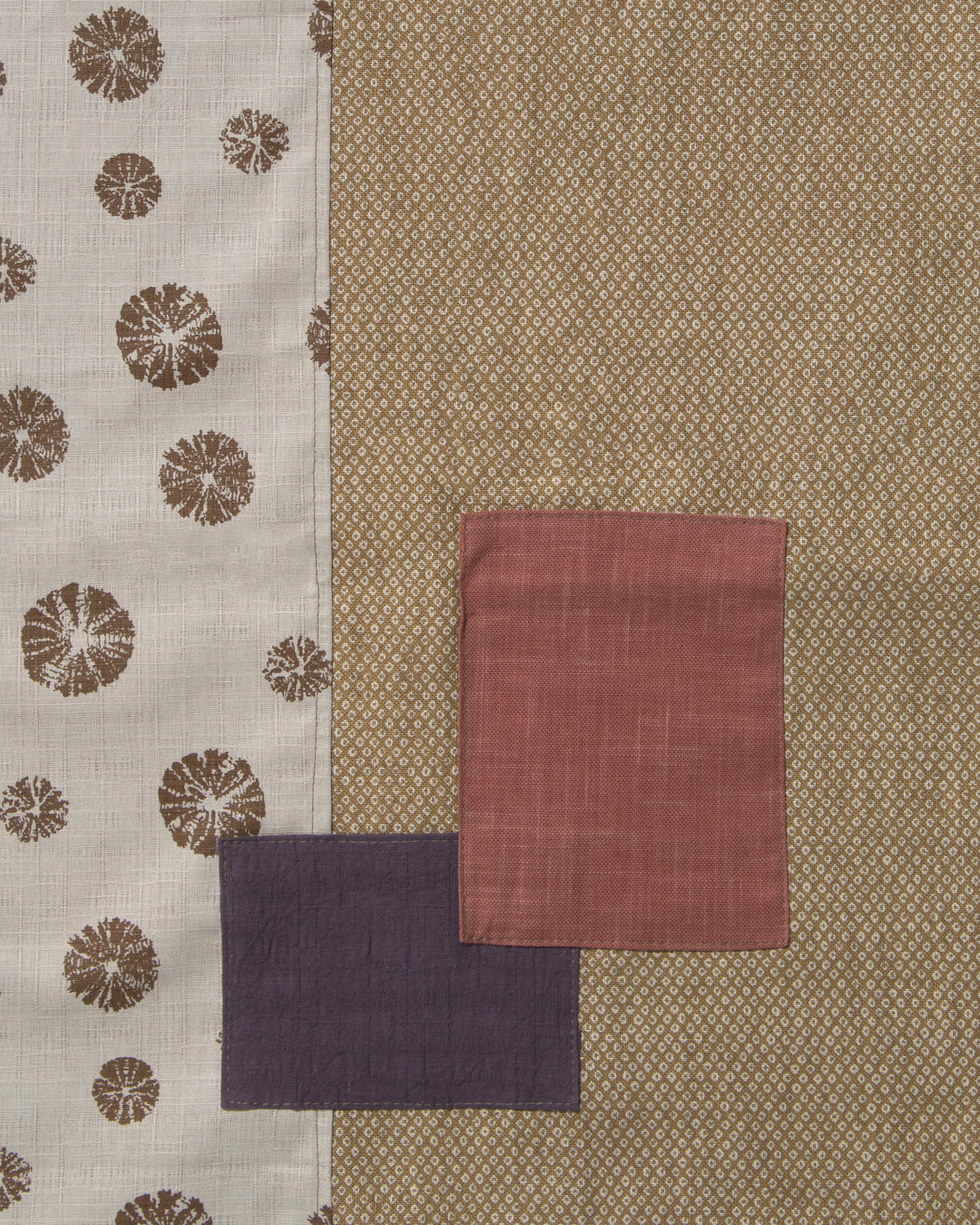 Kiriko Original Modern Patchwork Scarf, Azuki and Gold with Cream Kumo Shibori