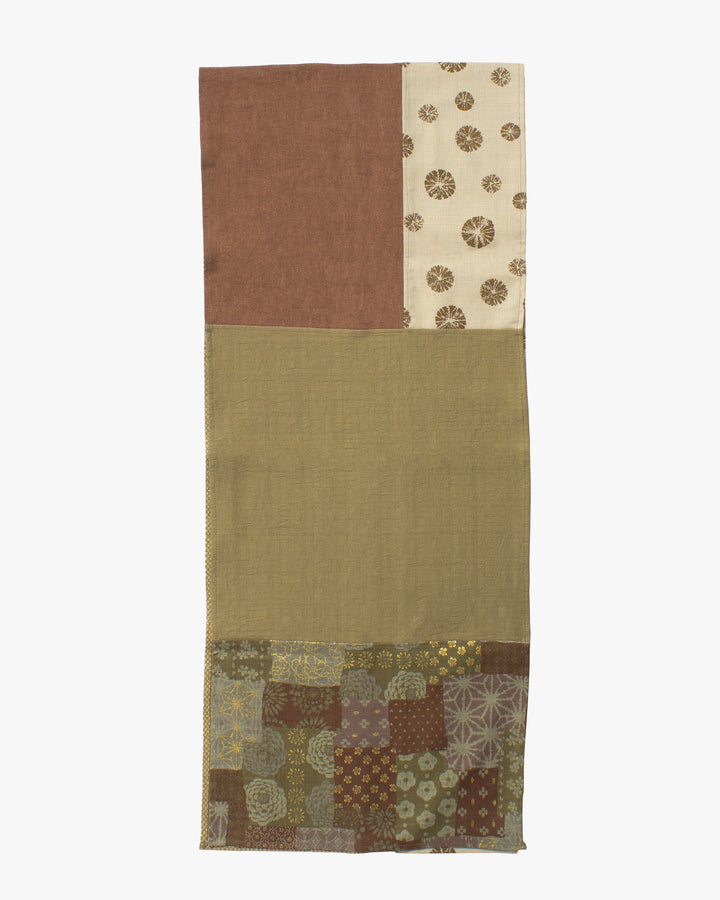 Kiriko Original Modern Patchwork Scarf, Azuki and Gold with Cream Kumo Shibori