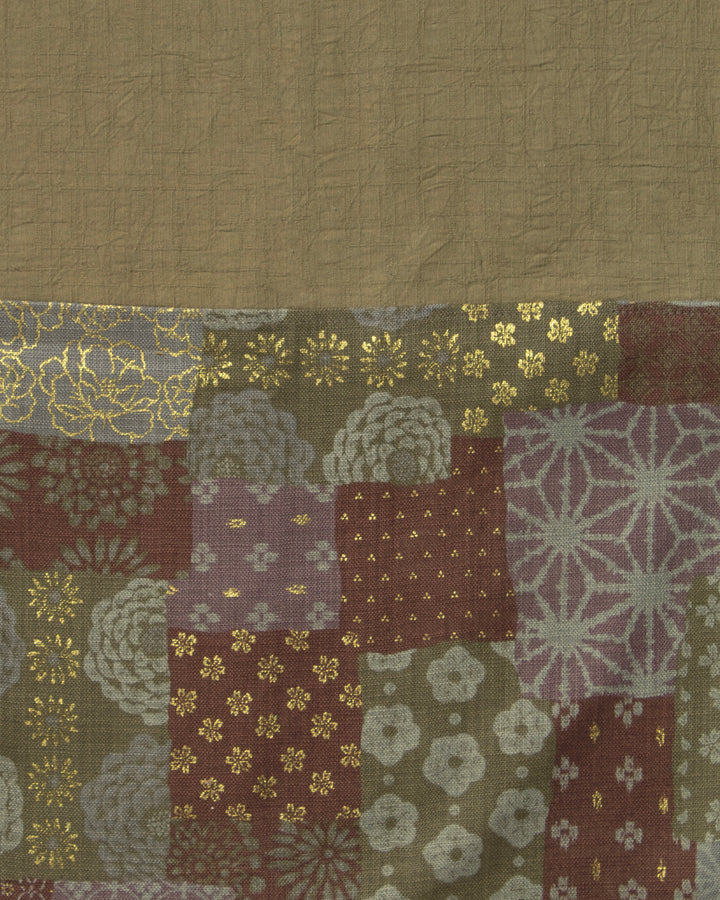 Kiriko Original Modern Patchwork Scarf, Azuki and Gold with Cream Kumo Shibori