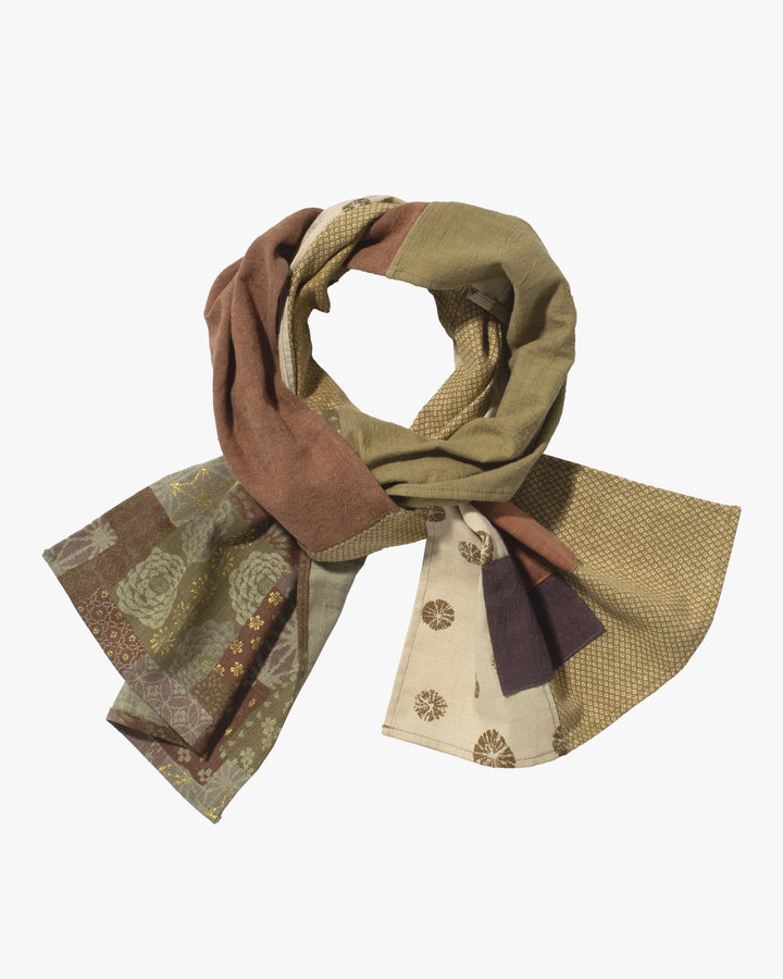Kiriko Original Modern Patchwork Scarf, Azuki and Gold with Cream Kumo Shibori